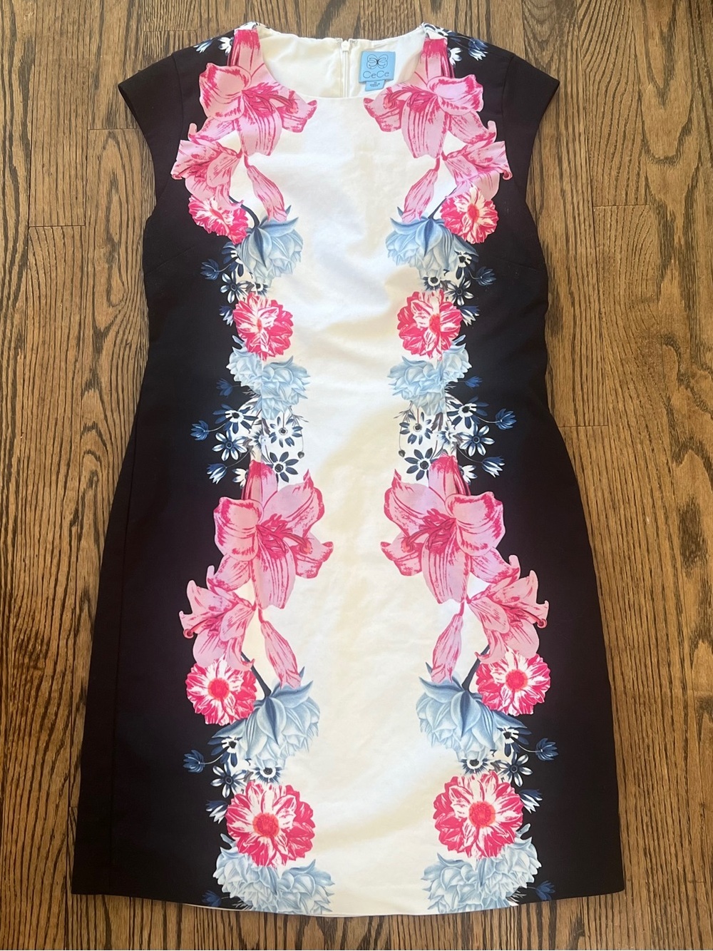 CeCe Black Sheath Dress with Pink & Blue Floral Panel